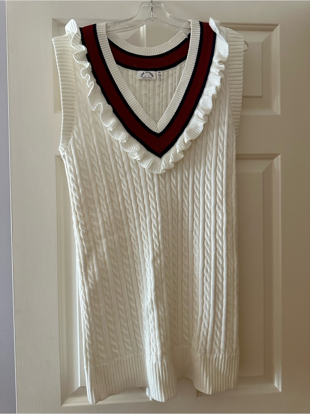 Cream Cable Knit Ruffled V-Neck Sweater  Dress with Red & Black Trim